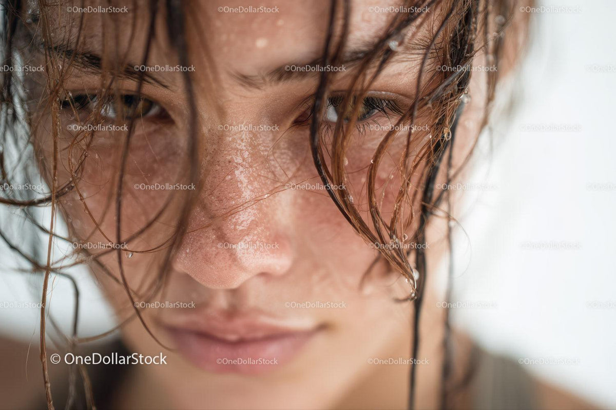 Close-up of woman's face with wet hair and detailed skin