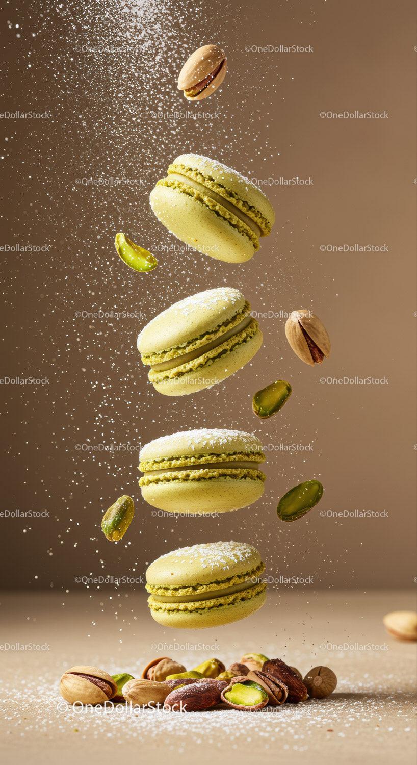Flying pistachio macarons with nuts and powdered sugar