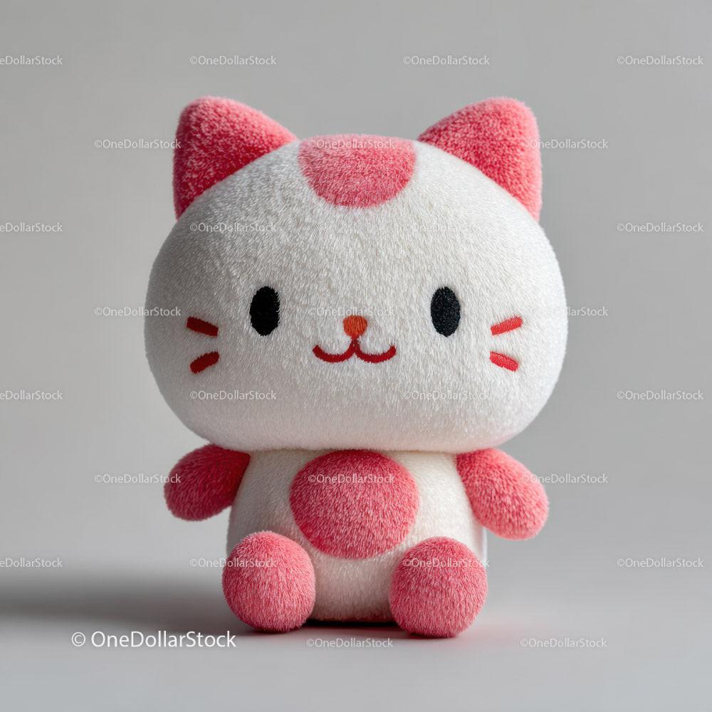 White plush cat toy with pink spots sitting on gray background