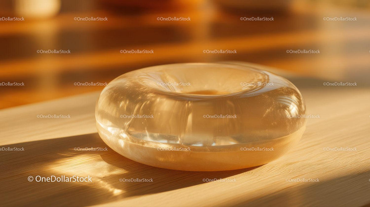 Transparent glass donut-shaped object on wooden surface with warm sunlight and shadows