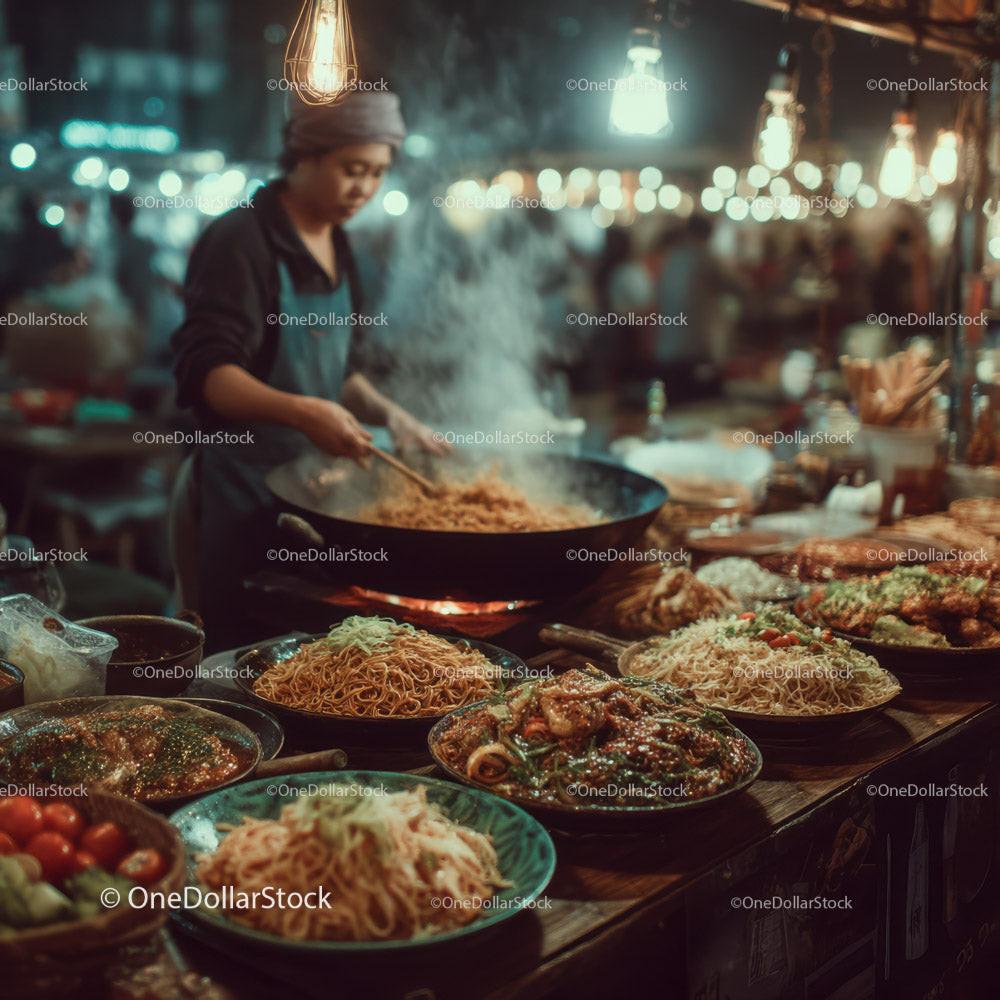 Vibrant Street Food Stall with Asian Noodle Dishes and Cooking Activity