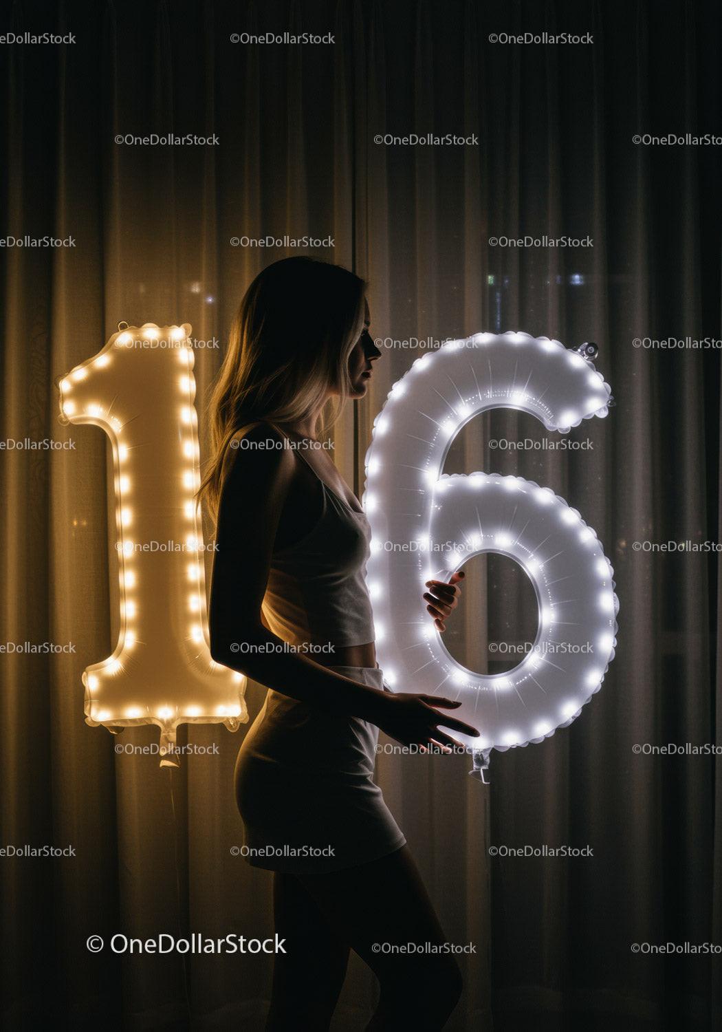 Young Woman Holding Illuminated Number Balloons Sixteen