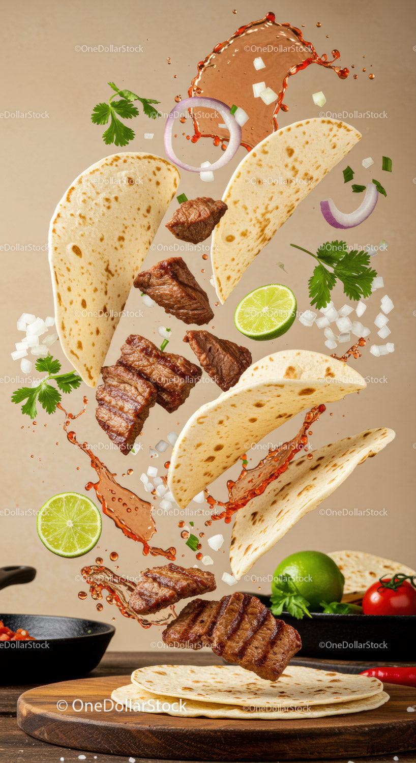 Flying grilled steak tacos with vibrant fresh ingredients