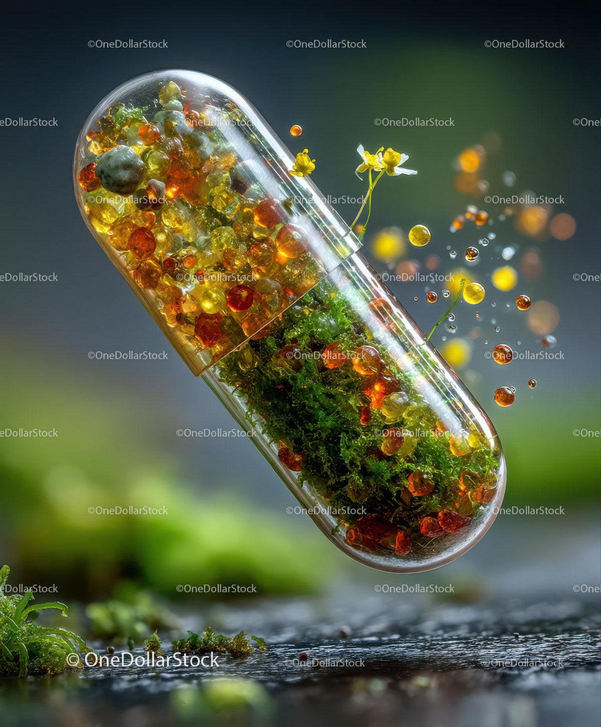 Clear capsule containing green moss, amber spheres, yellow flowers with blurred natural background