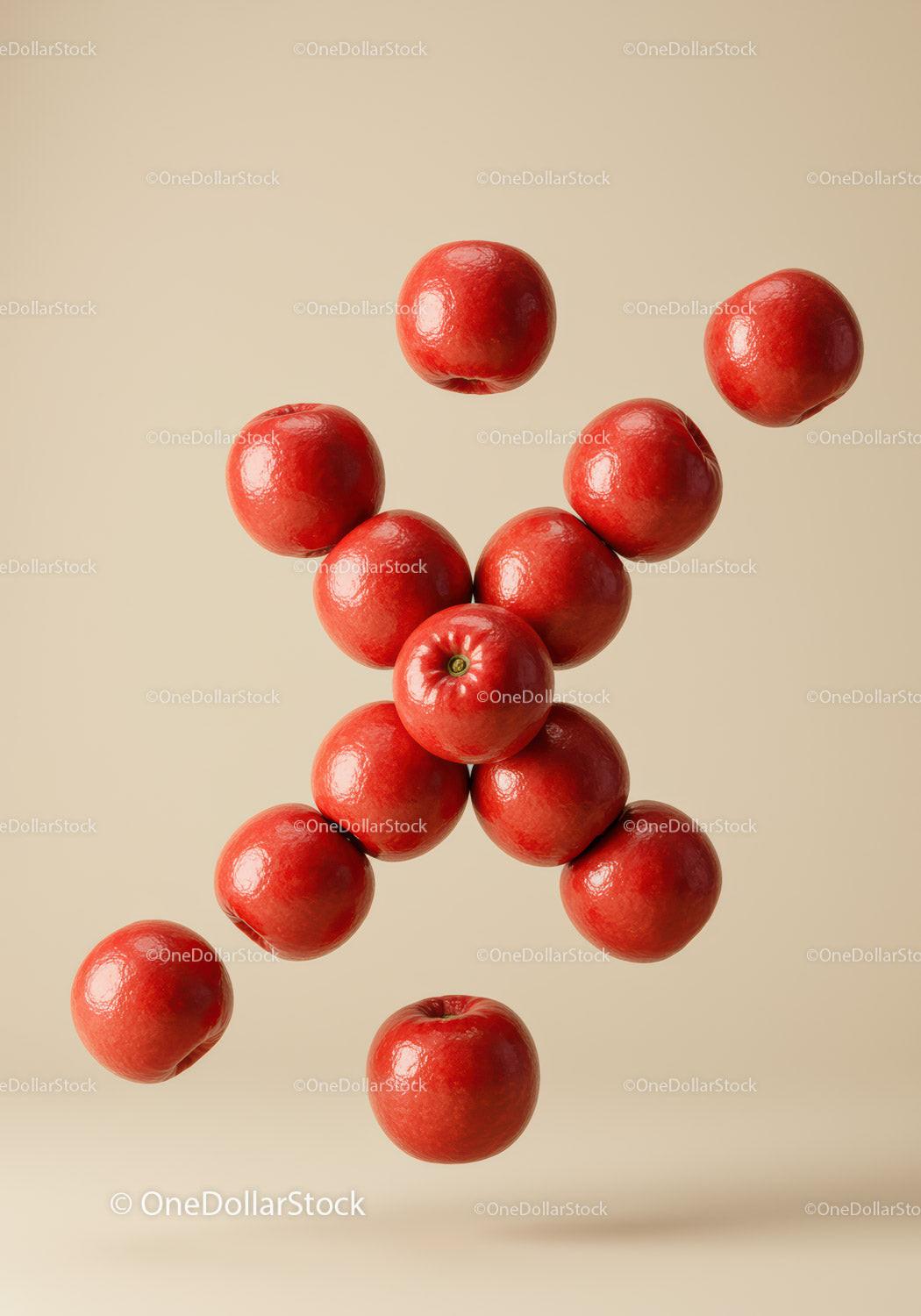 Floating fresh red apples on neutral beige background