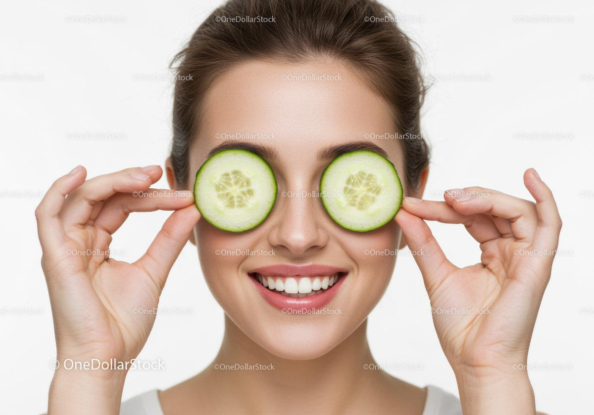 Smiling Woman With Cucumber Slices Over Eyes For Fresh Skincare