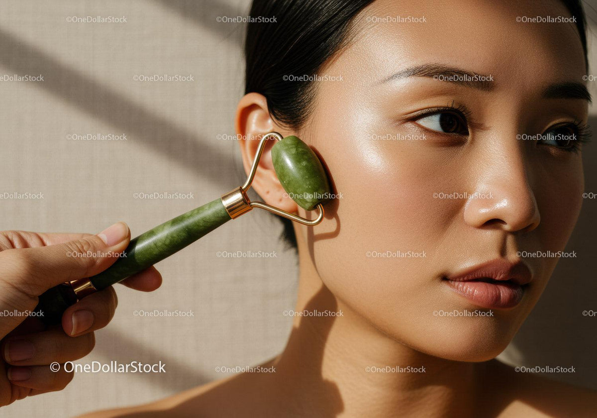 Close-up of a Woman Using Jade Roller for Facial Skin Care