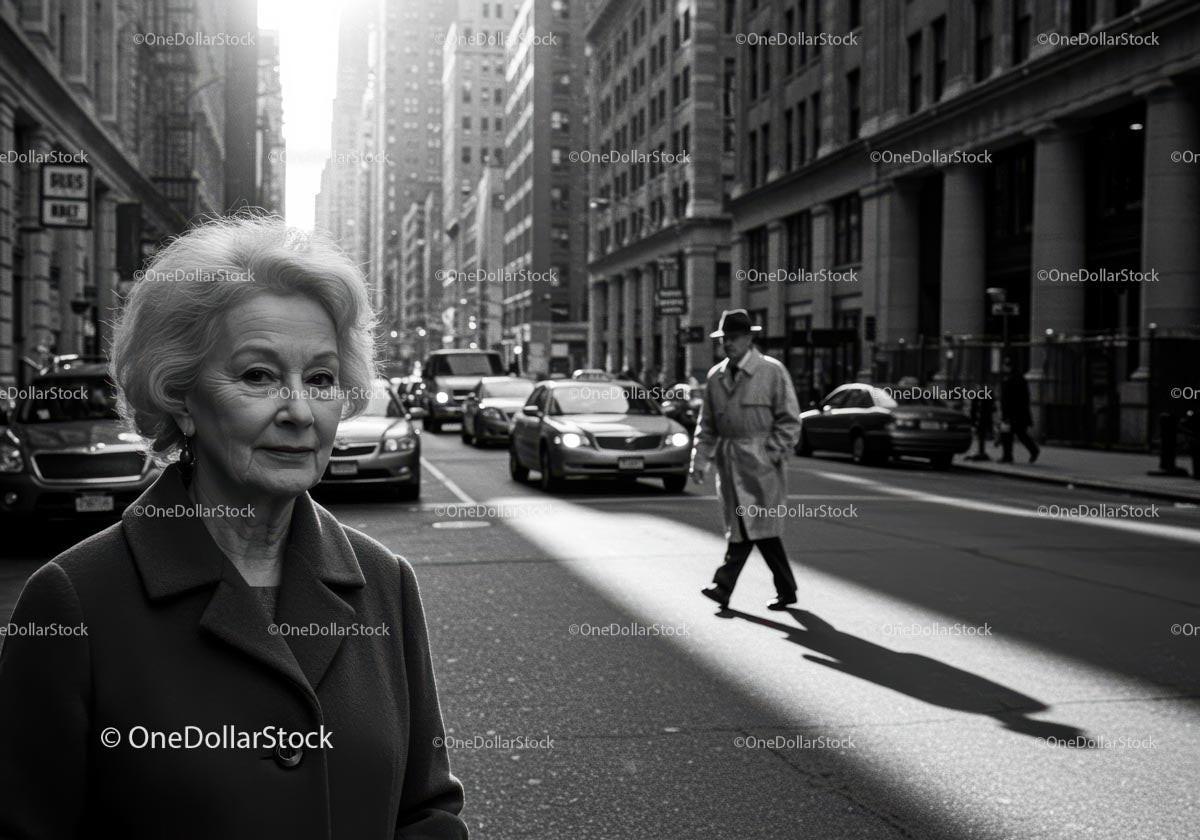 Elderly Woman in Stylish Coat Walking in Black and White Urban Scene