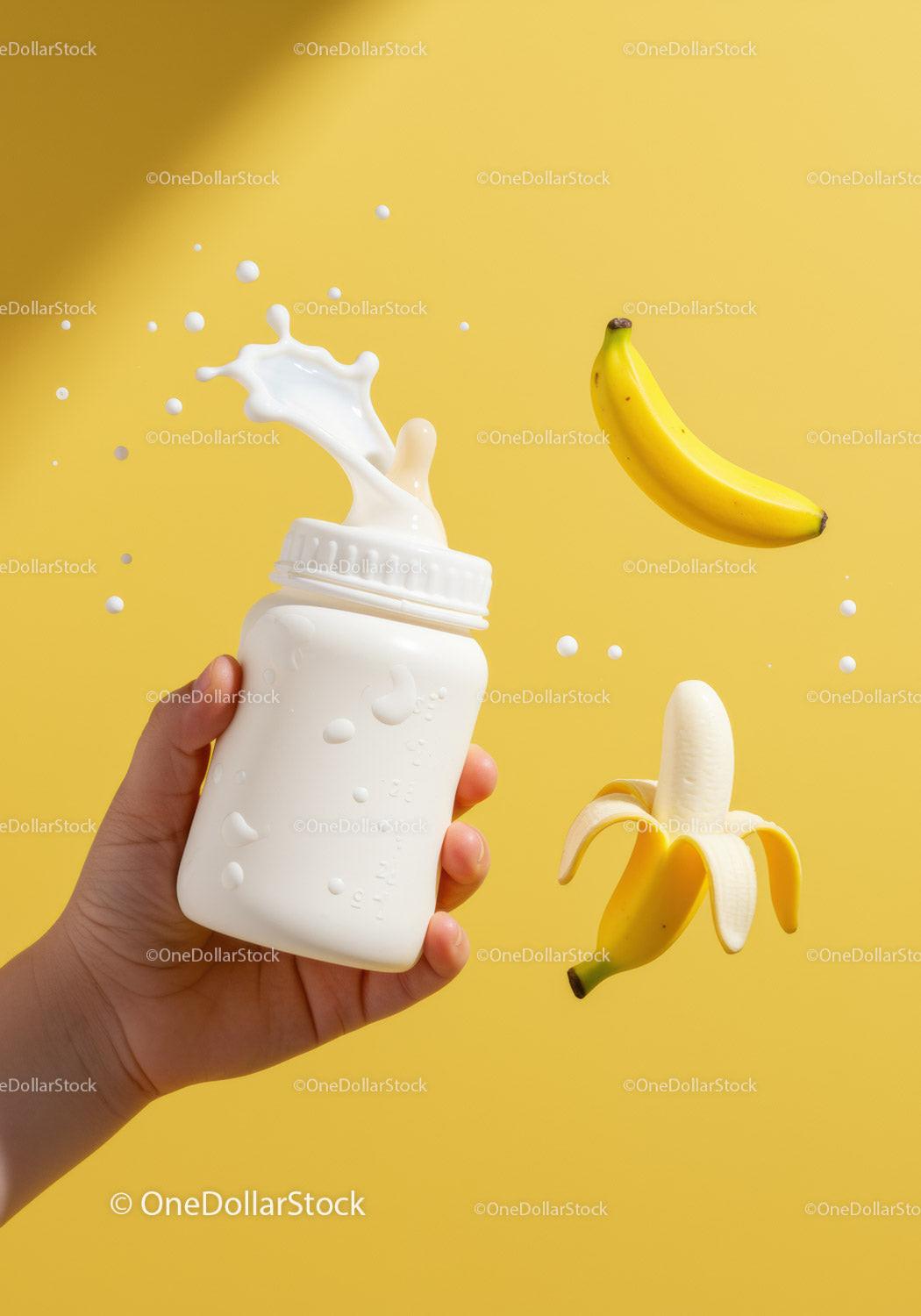 Splashing milk from baby bottle with ripe bananas