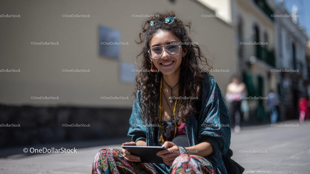 Young Woman Smiling in Casual Urban Outfit on City Street