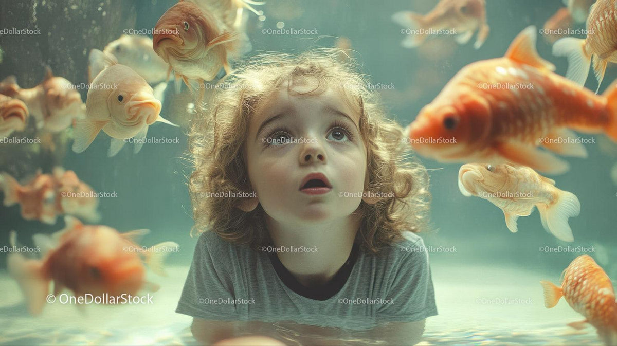 Curly-haired child underwater surrounded by multiple orange goldfish swimming