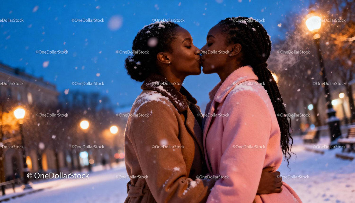 Romantic Winter Kiss Between Two Women Outdoors