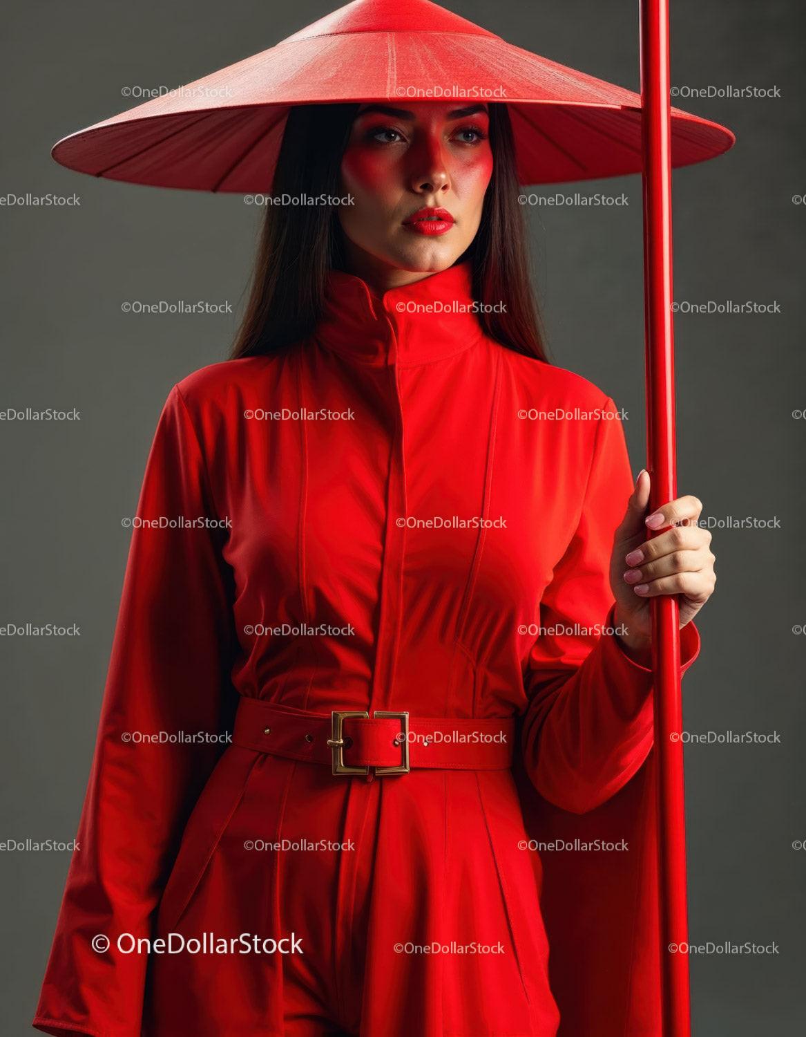 Elegant Woman in Red Dress with Accessories Against Red Background Stock Photo Bundle preview 31