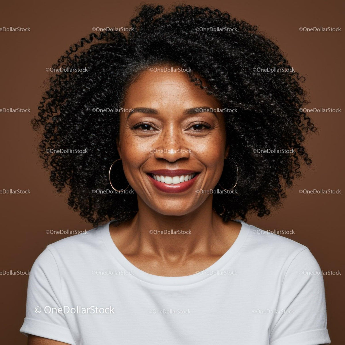 Happy Woman with Curly Hair and Bright Smile Against Brown Background