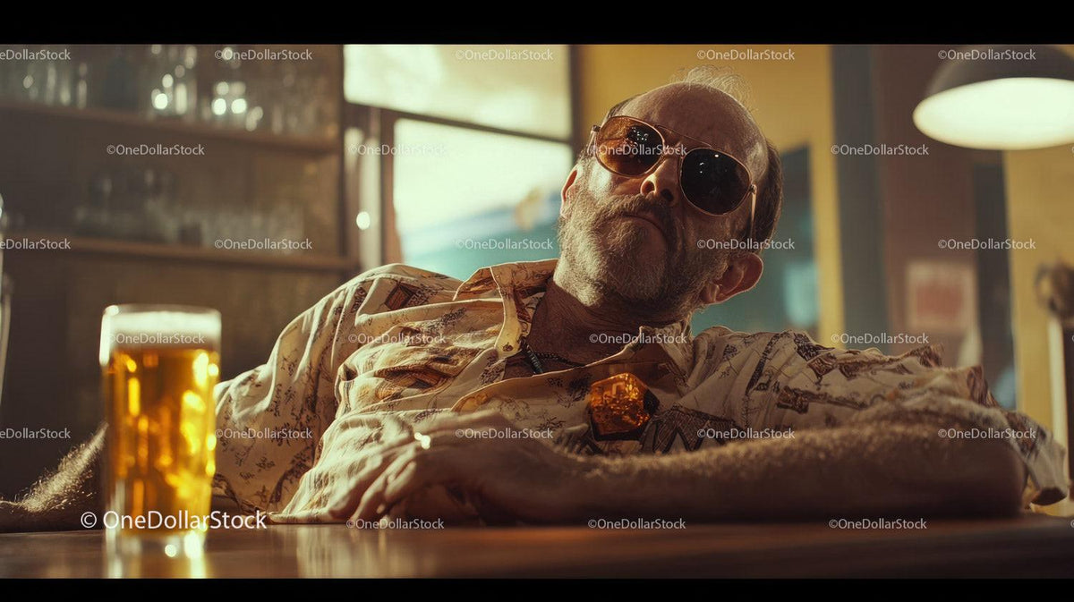 Bald man with round sunglasses leaning back at a wooden bar with a glass of beer