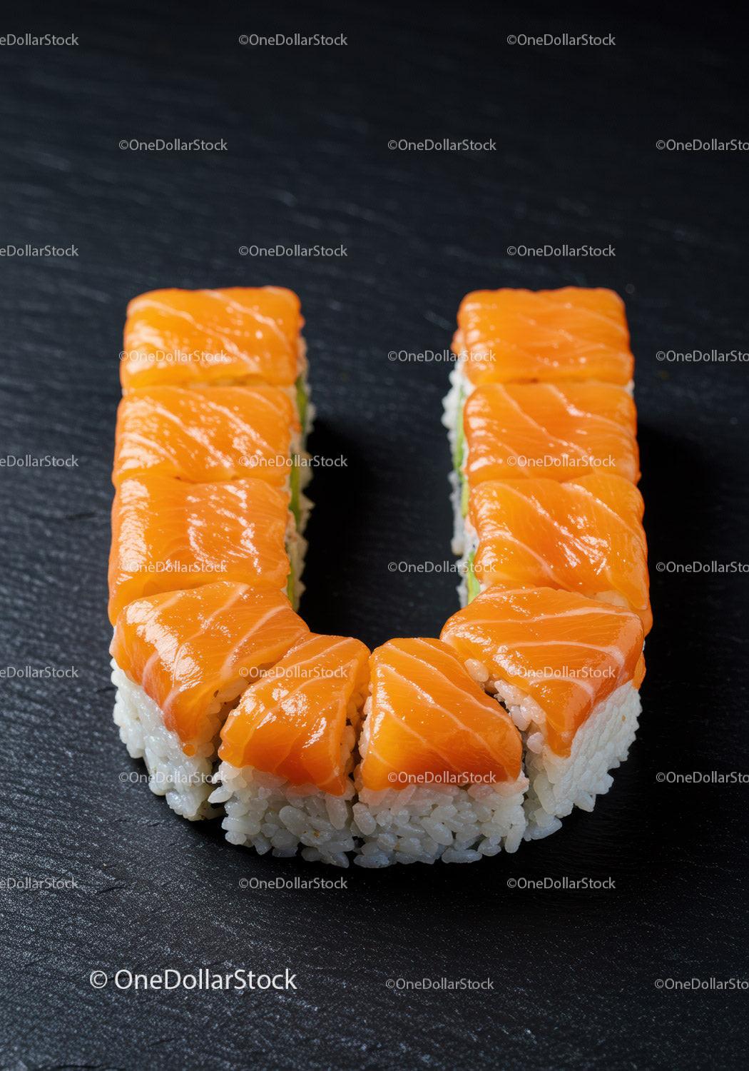 Fresh salmon sushi rolls arranged in a U shape