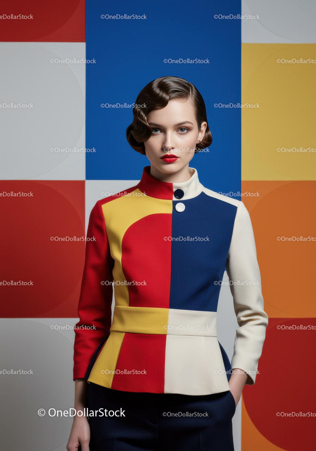 Stylish woman in color-blocked modern fashion jacket
