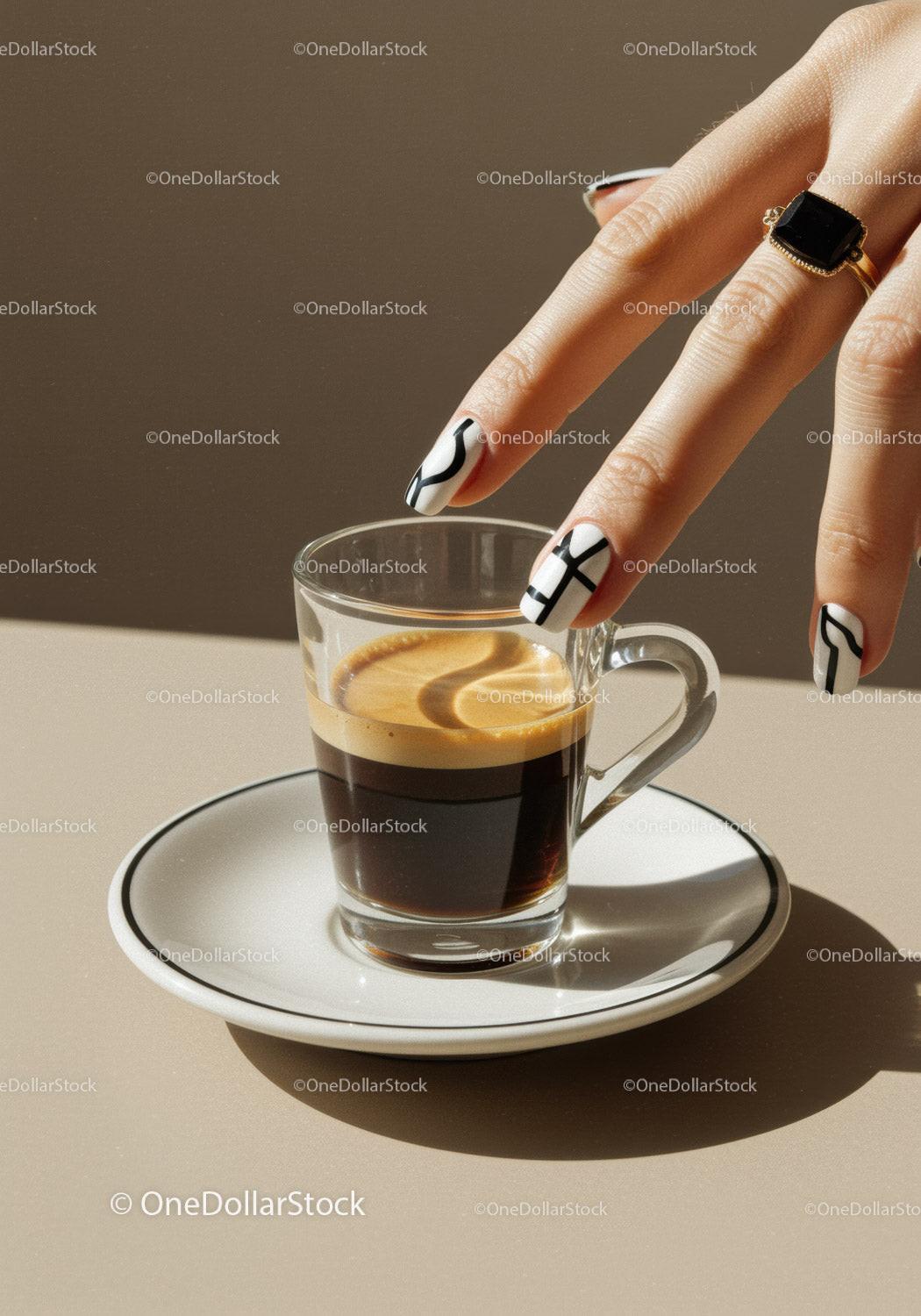Hand with Stylish Nails Reaching for Espresso Shot