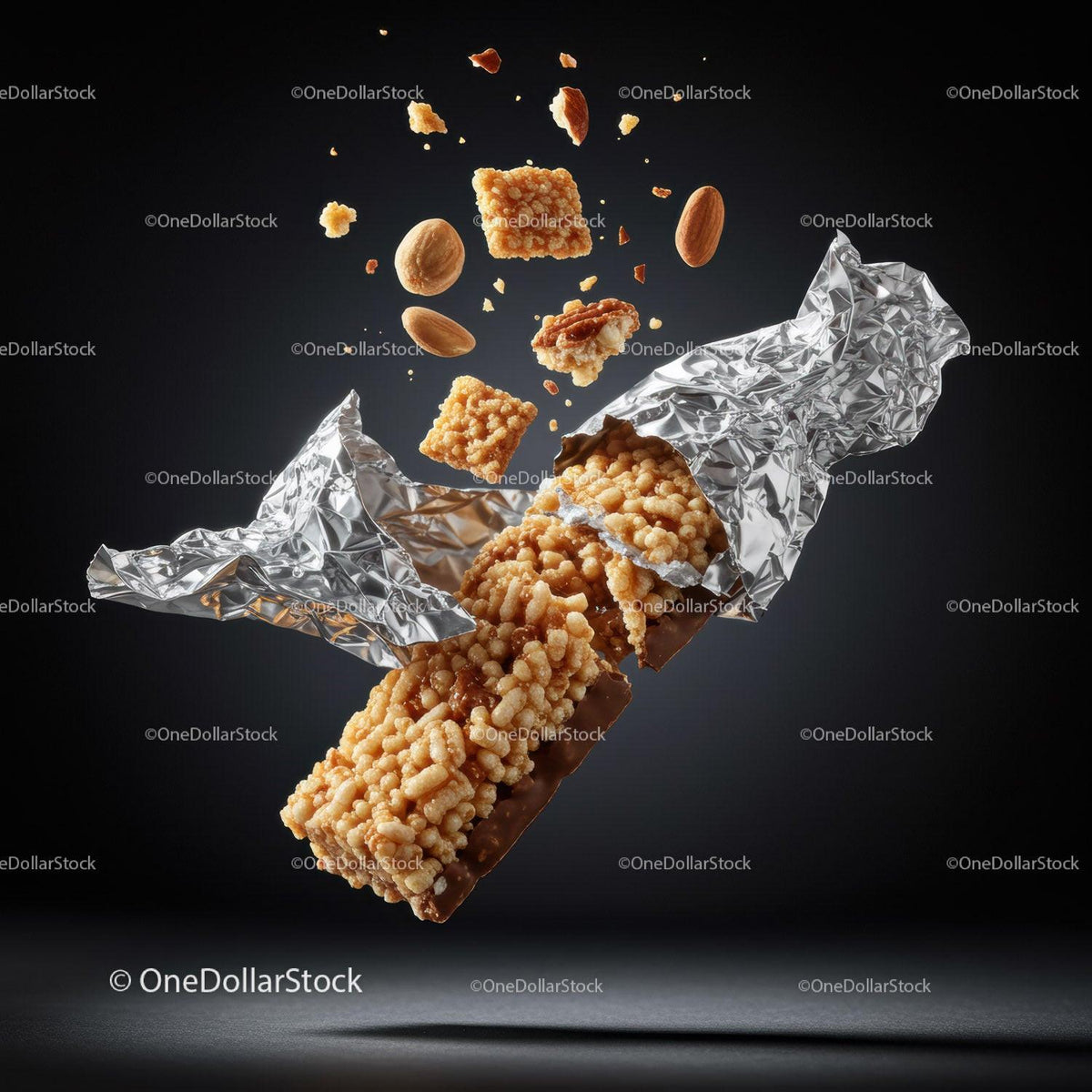 Crispy granola bar popping out of foil wrapper
