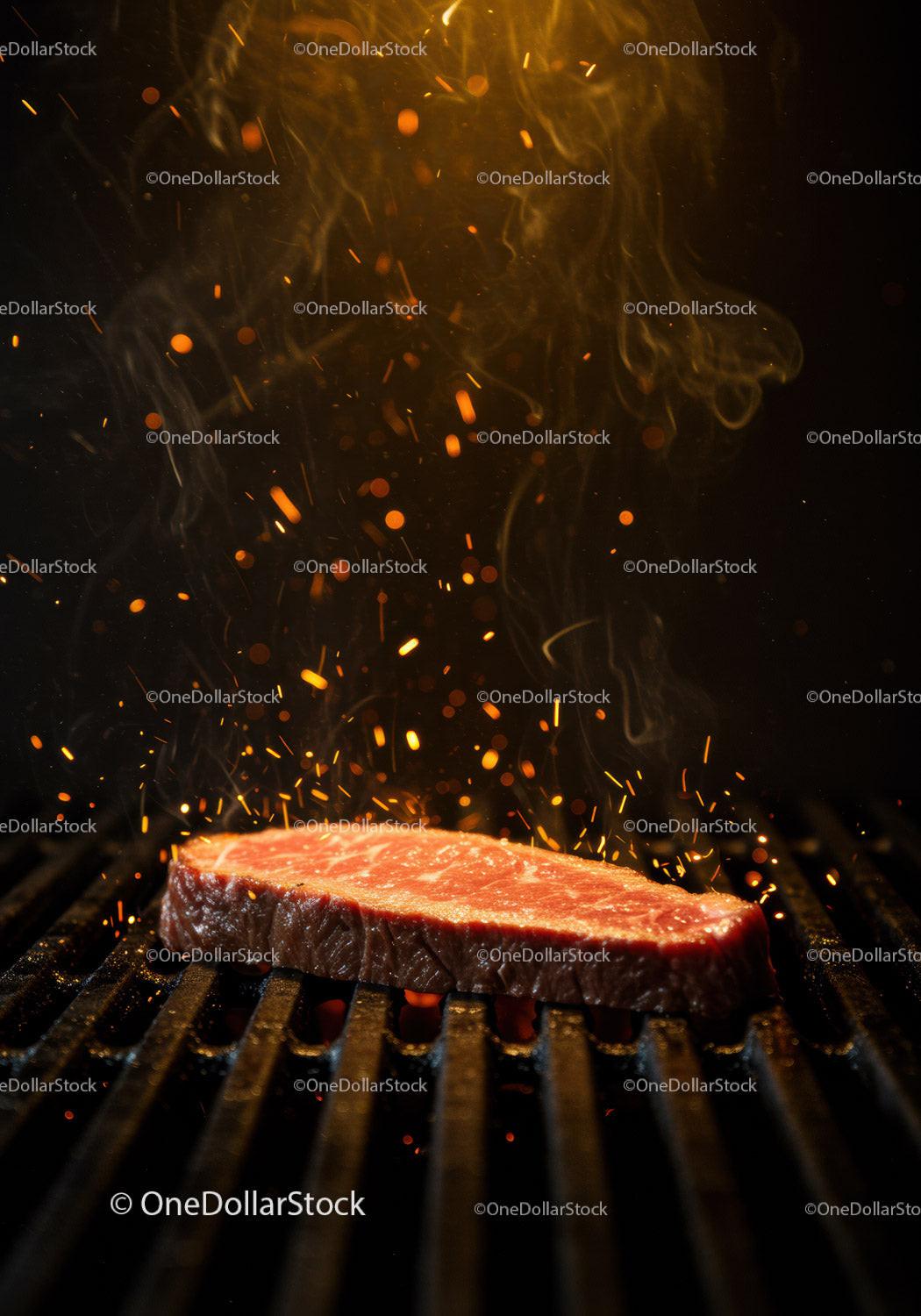 Fresh steak sizzles on hot grill with glowing sparks