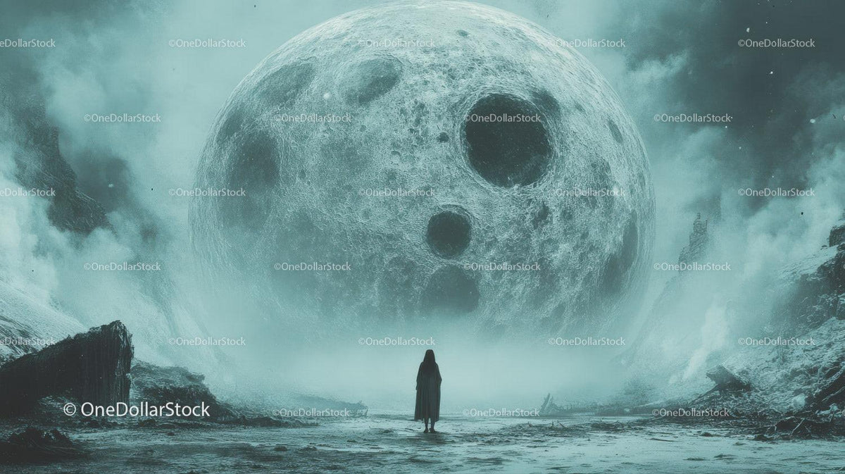 Silhouette of person standing on rocky ground looking at giant cratered moon with misty clouds