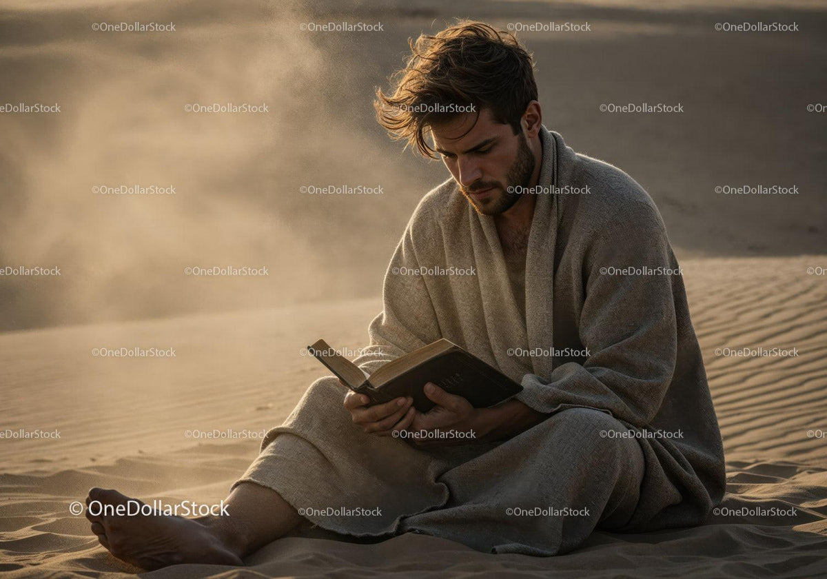 Man in Casual Clothing Reading Book in Desert During Dust Storm Stock Photo Bundle preview 6