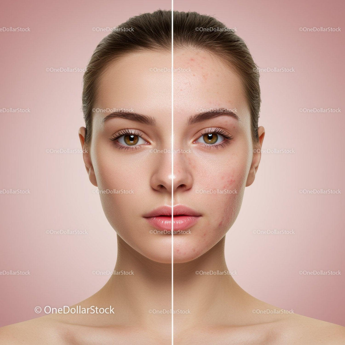 Close-up of a Young Woman's Face Showing Skin Before and After Acne Treatment