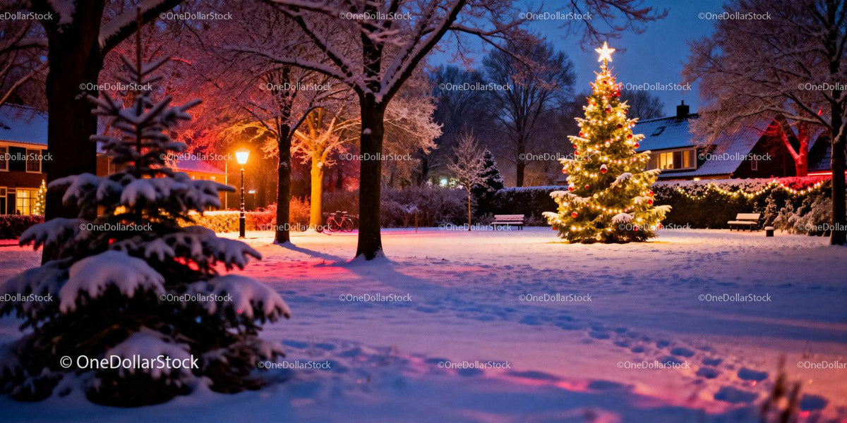 Snowy Evening with Illuminated Christmas Tree in Park
