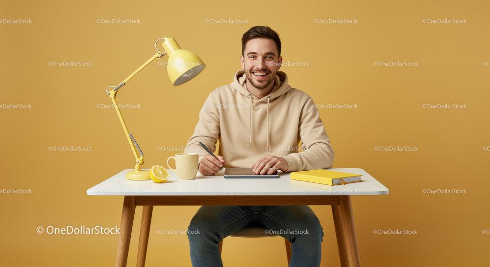 Smiling Man in Casual Attire at Modern Yellow Workspace Stock Photo Bundle preview 11