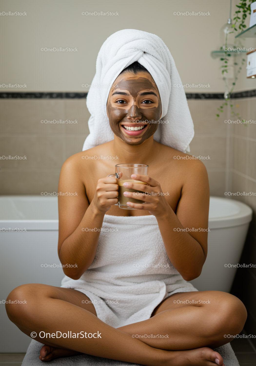 Young Woman in Towel and Facial Mask Enjoying Spa Relaxation