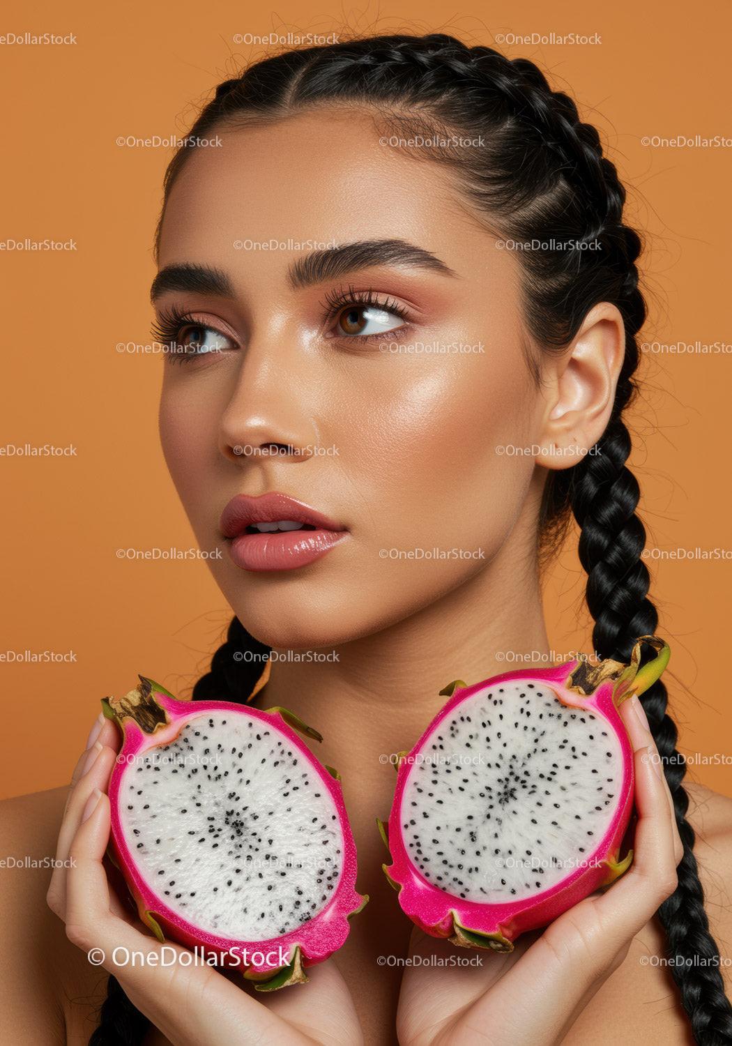 Beautiful Woman with Dragon Fruit Against Orange Background