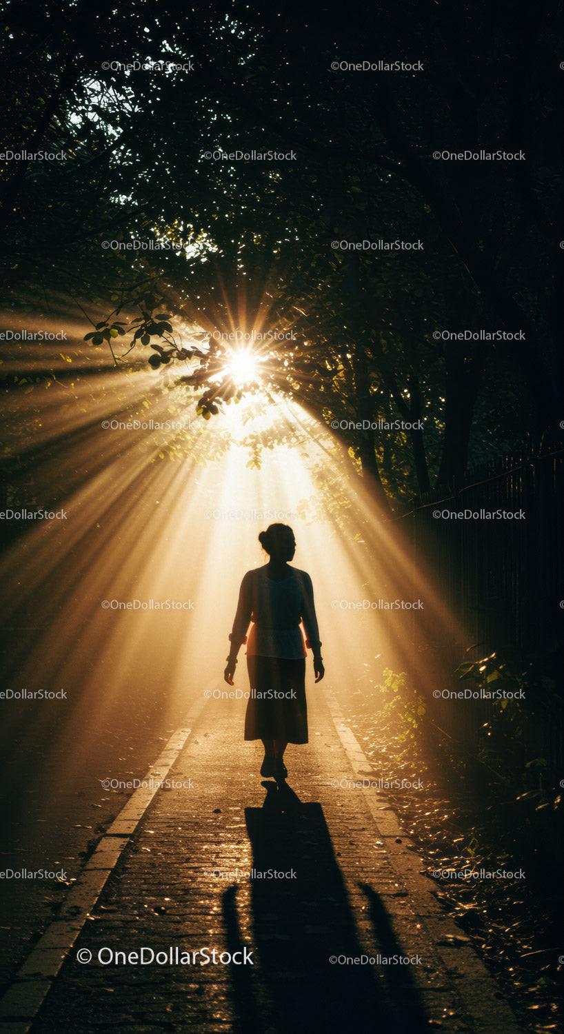 Woman walking through sunlit forest path at dawn