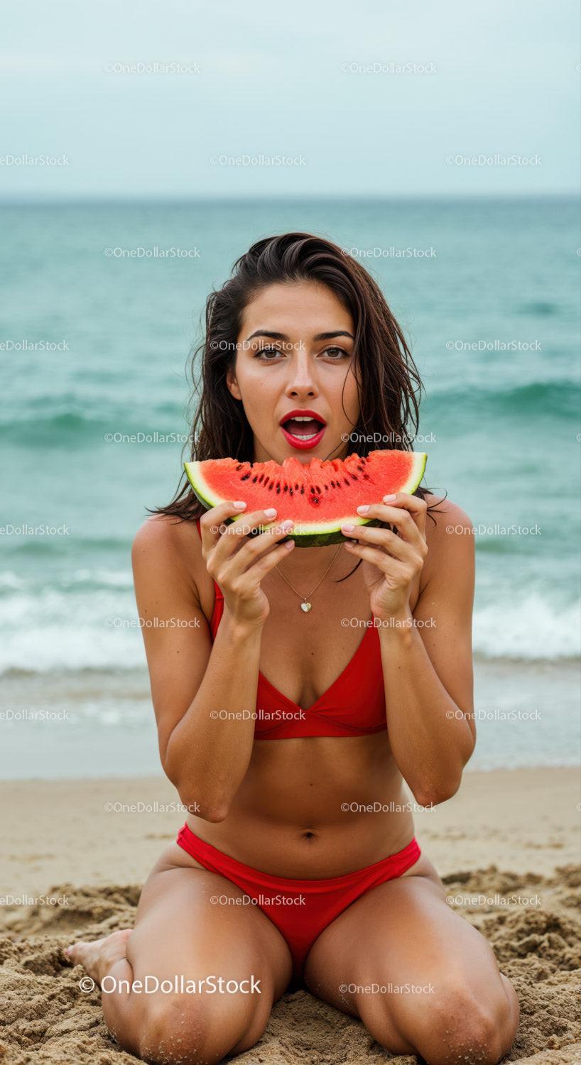 Young Woman Enjoying Watermelon at the Beach in Red Bikini Stock Photo Bundle preview 8