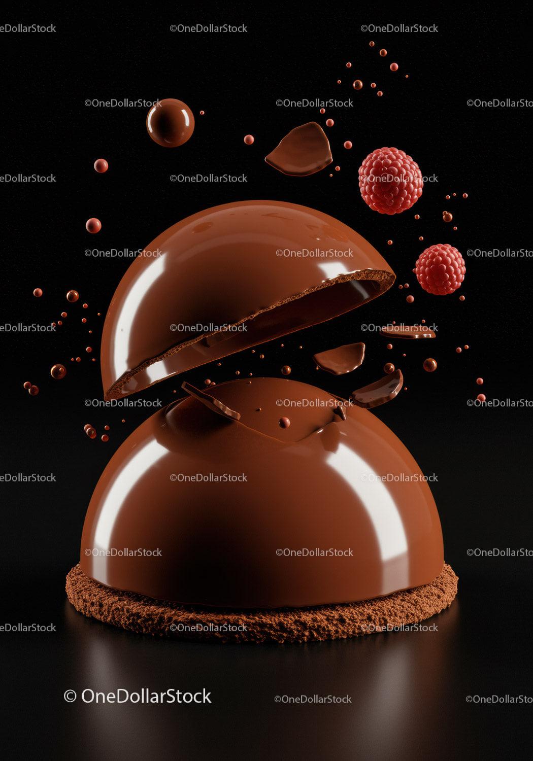Broken chocolate dome with scattered fresh raspberries