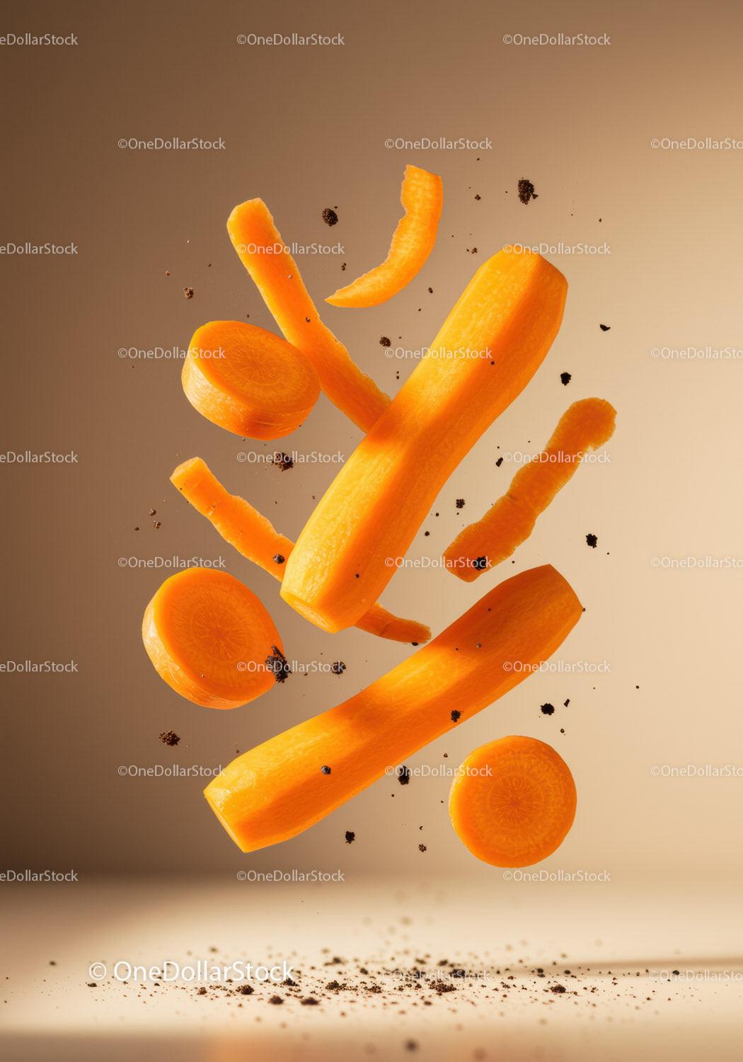 Floating sliced carrots with scattered soil particles