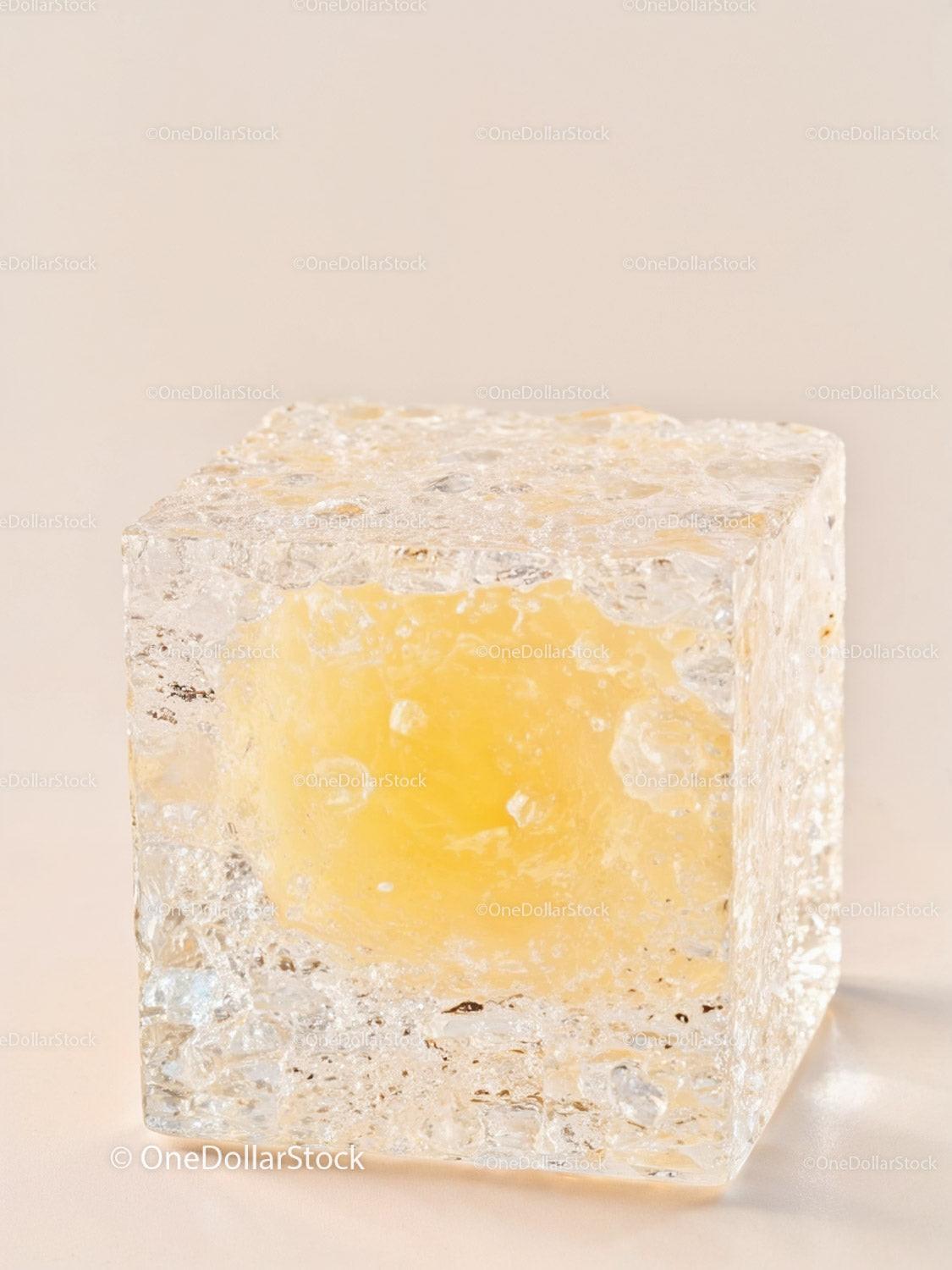 Transparent cube with vibrant yellow core on neutral background