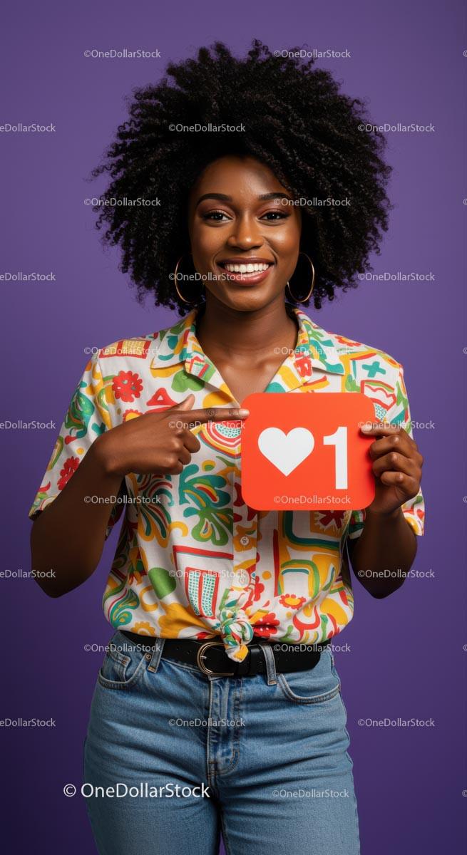 Smiling Woman Holding Heart Sign with Colorful Shirt Against Purple Background Stock Photo Bundle preview 44