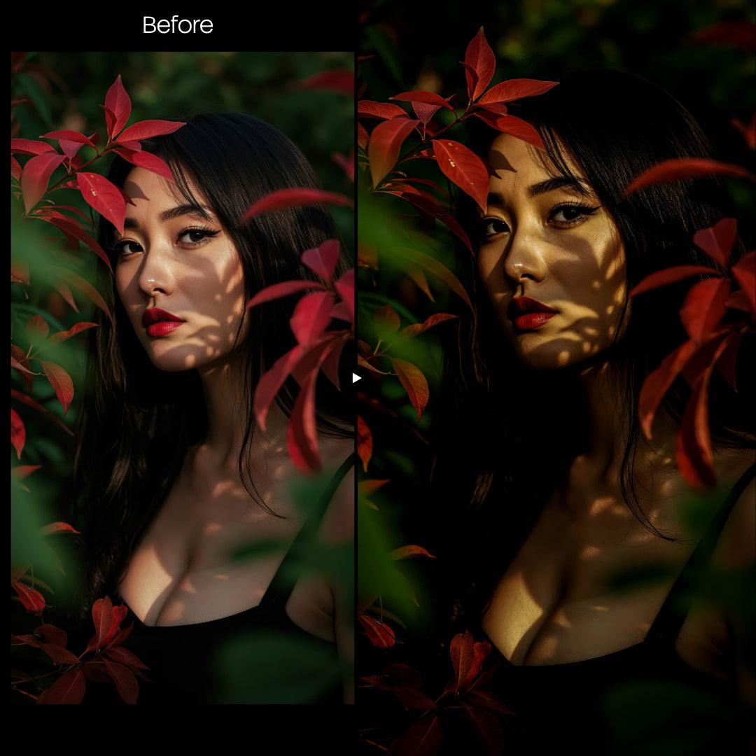 Before and after Dark Night Portrait Lightroom preset edit