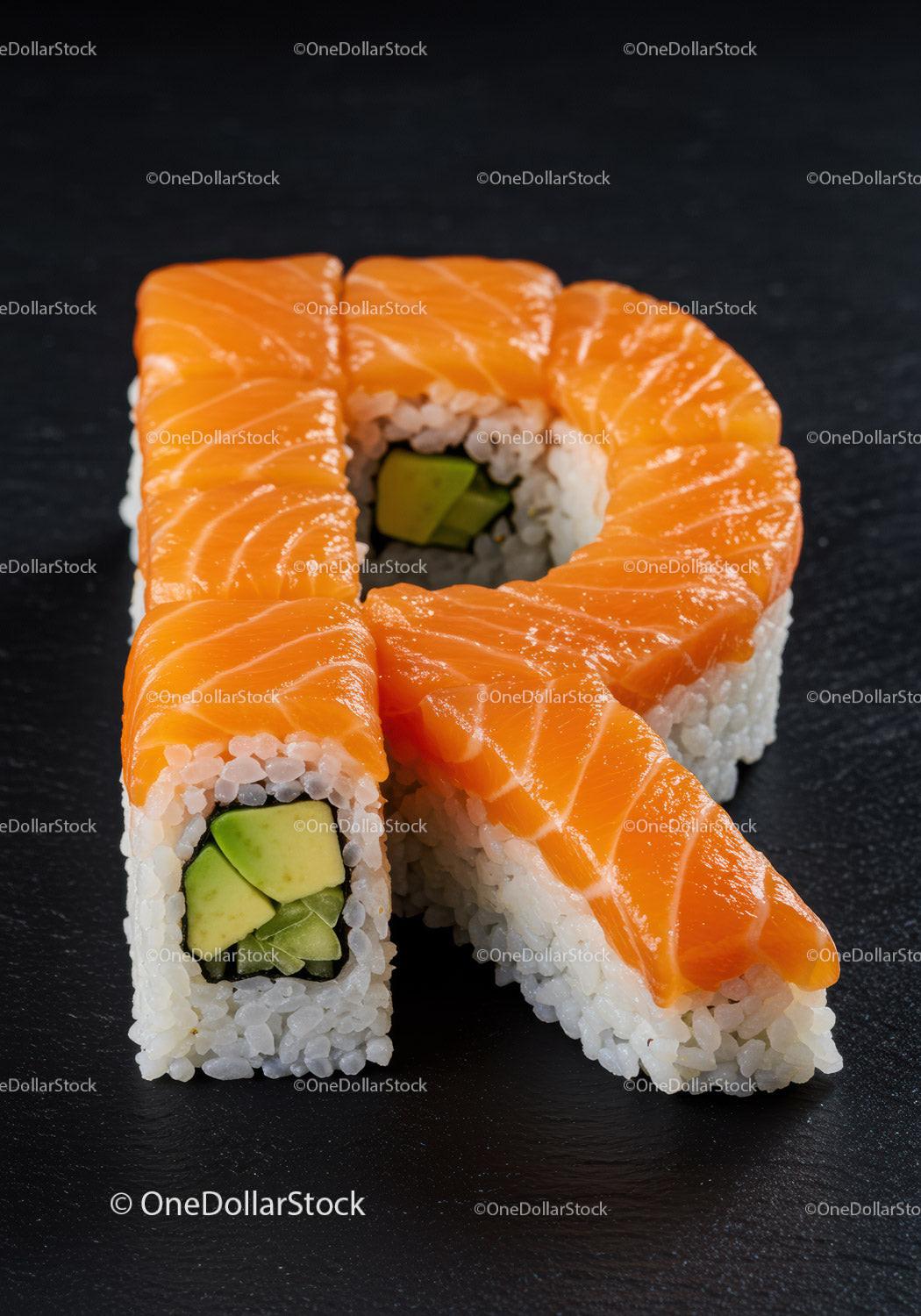 Fresh salmon sushi rolls shaped as letter R on black plate