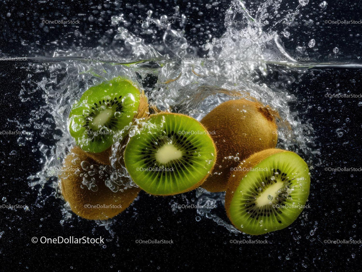 Fresh Kiwi Slices Splashing into Water with Water Droplets