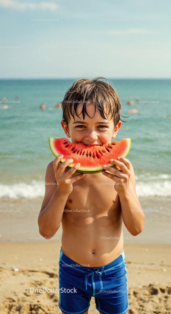 Joyful Child Eating Watermelon at the Beach on Sunny Summer Day