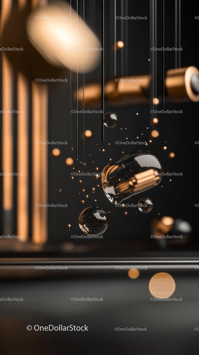 Close-up of Suspended Gold Capsules with Scientific Machinery