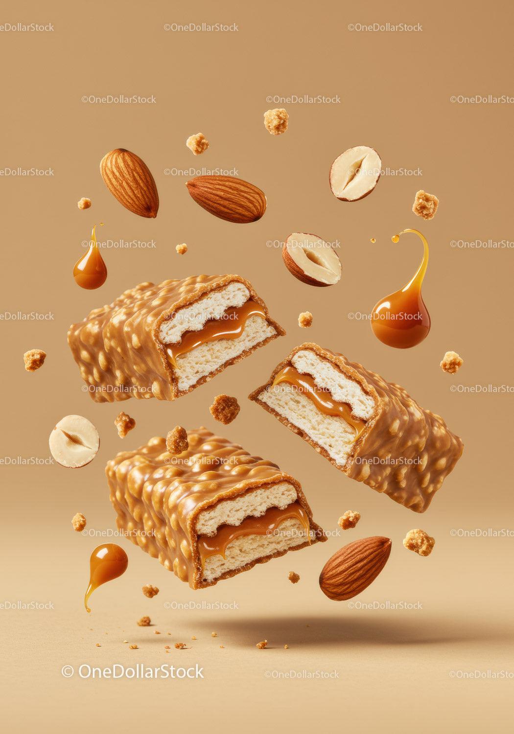 Caramel Nut Snack Bars with Almonds and Crisp Texture