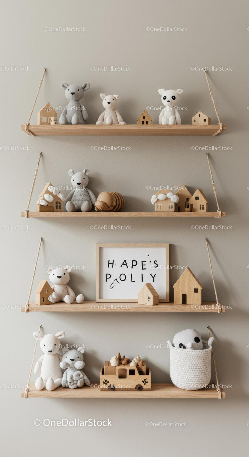 Cute Toy Shelves with Plush Bears and Wooden Houses for Nursery