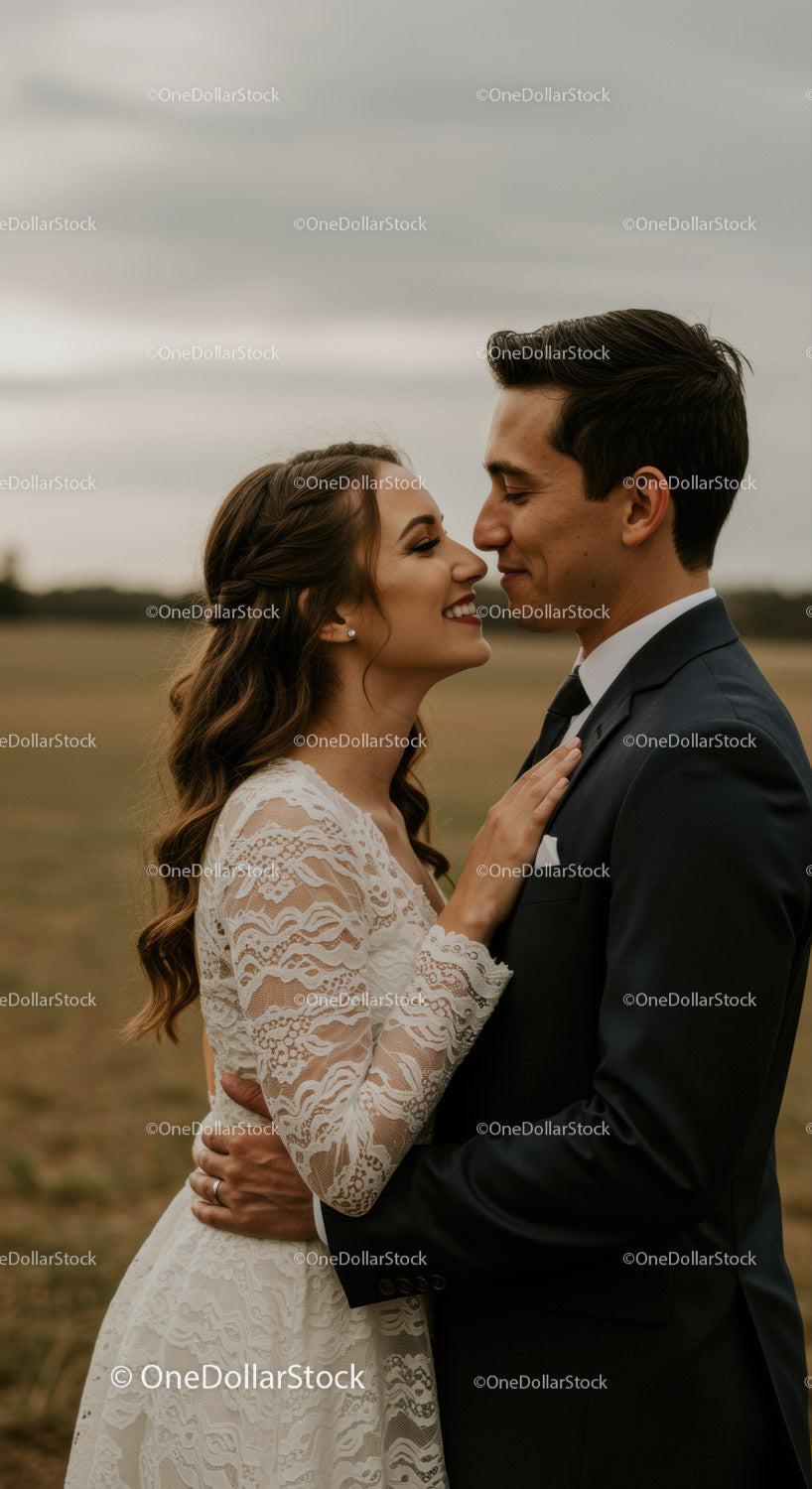 Romantic couple embracing in rustic outdoor setting