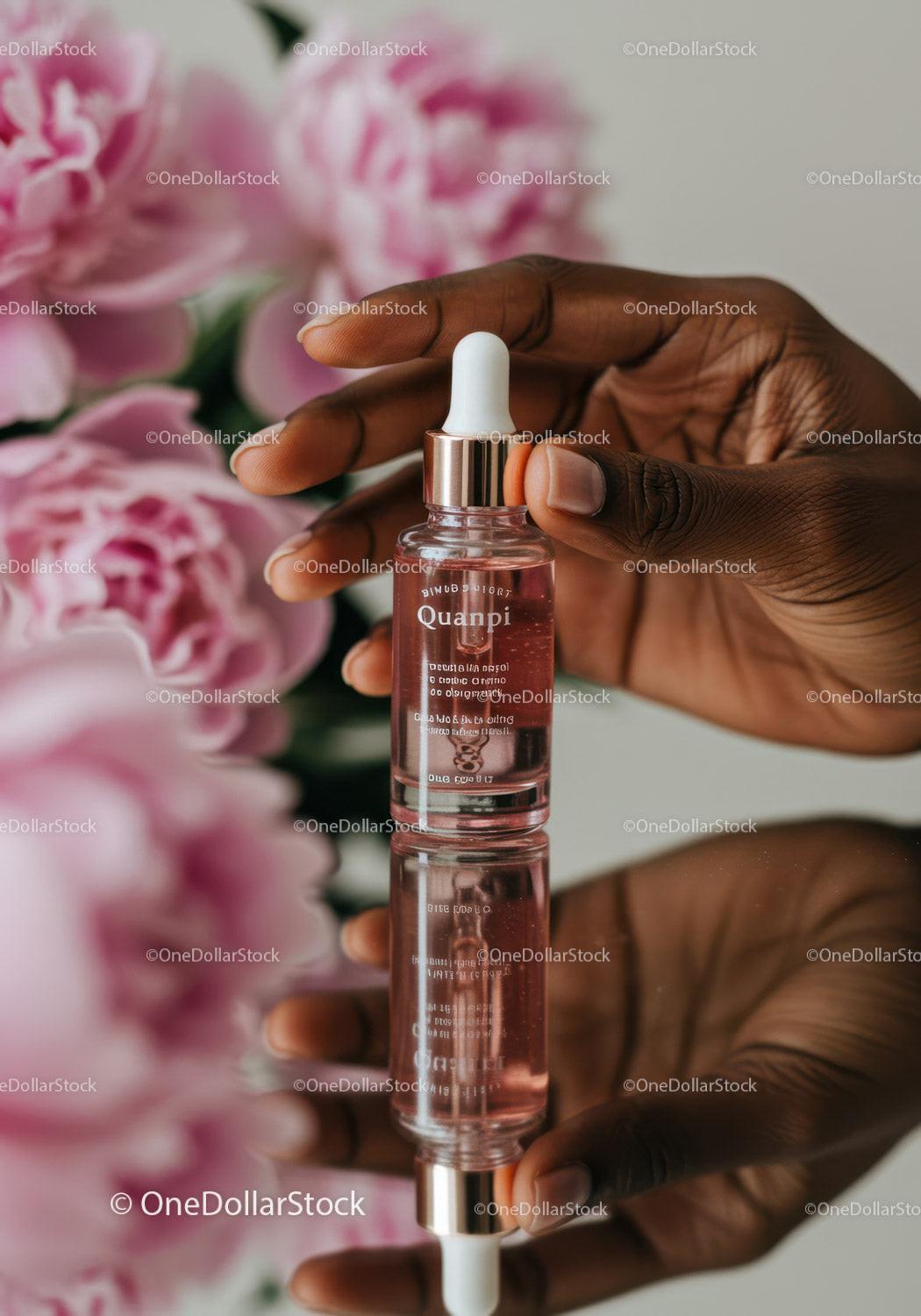 Elegant Hand Holding Glass Dropper with Pink Serum in Beauty Setting JPG Mockup Image preview