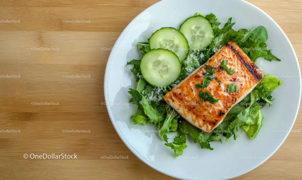 Fresh Grilled Salmon with Cucumber and Green Salad on White Plate
