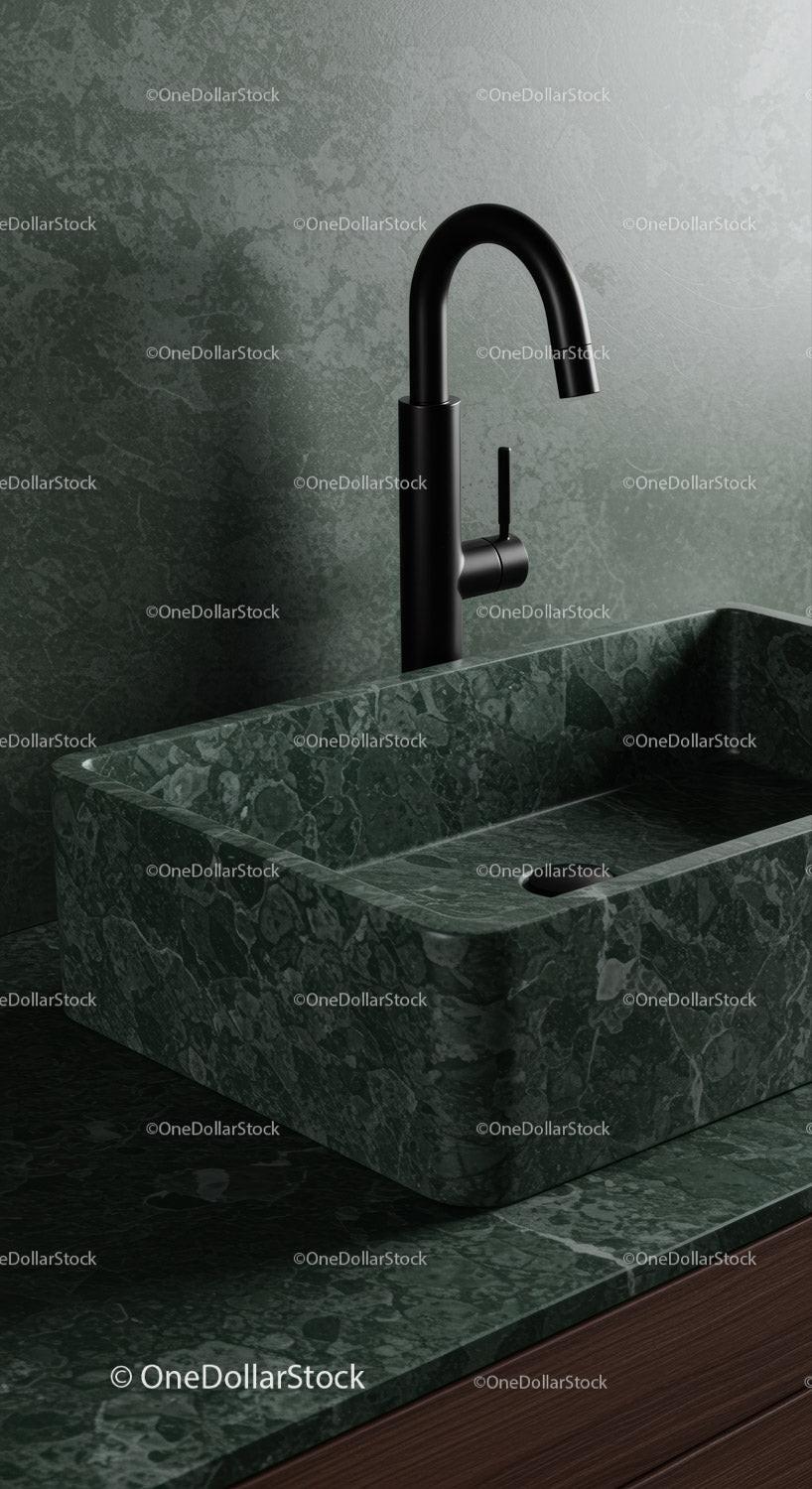 Black Kitchen Tap Above Green Marble Sink in Modern Interior