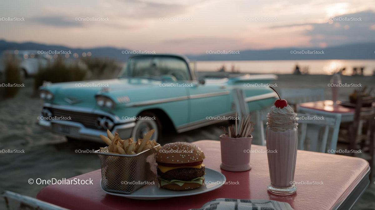 Beachside Cheeseburger French Fries and Milkshake with Classic Car Stock Photo Bundle preview 24