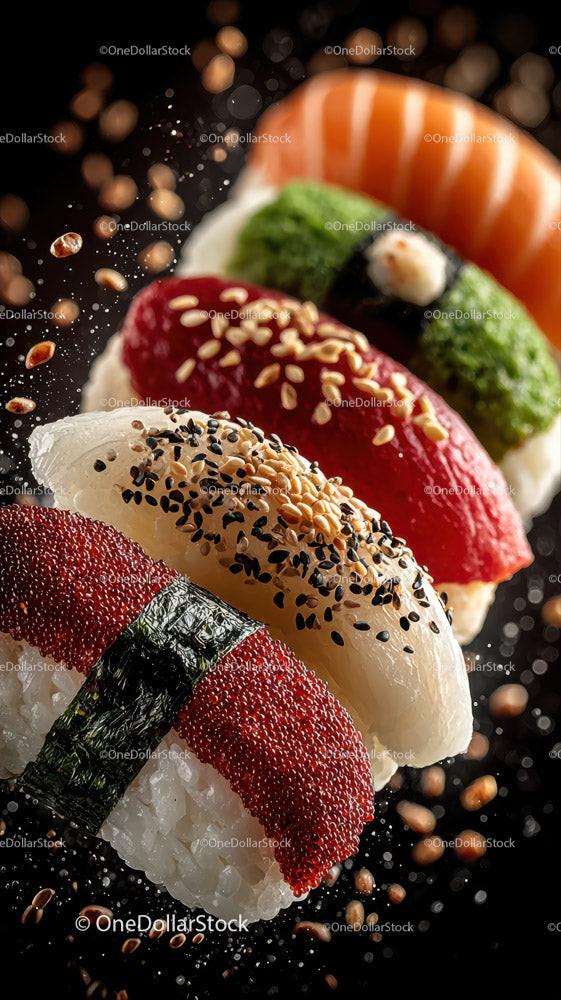 Fresh Salmon Sushi Roll with Avocado and Cherry Tomatoes Stock Photo Bundle preview 7